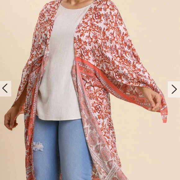 Tops - 252.Women's Mixed Border Print Open Front Wing Sleeve Asymmetric Hem Kimono NWT
